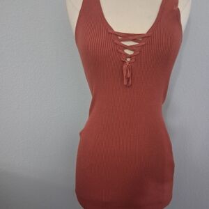 Charlotte Russe Terracotta Lace-Up Ribbed Tank Top